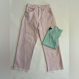 H&M pale pink cropped denim 6 jeans raw hem high waist